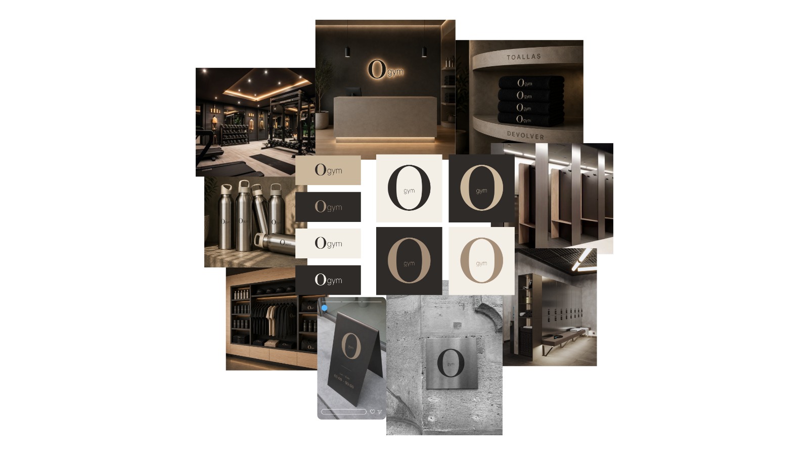 Moodboard de O Gym: interiores oscuros, materiales cálidos, equipamiento y vestuarios privados